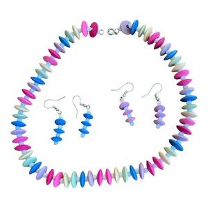 Vintage colorful necklace and 2 pair earrings 18” long. EVC